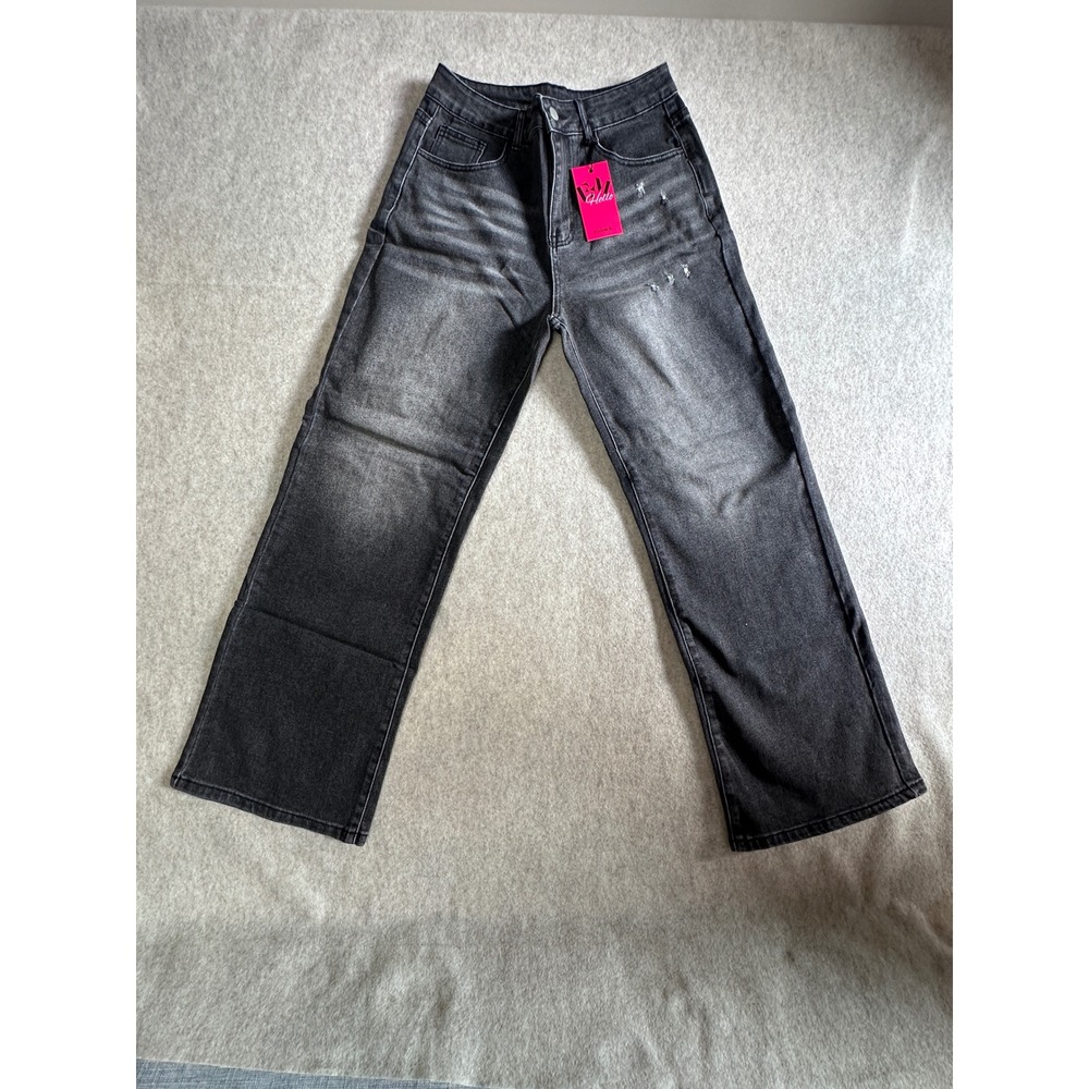 Emmiol High Waisted Wide Leg Jeans Faded Black Distressed Denim Size S